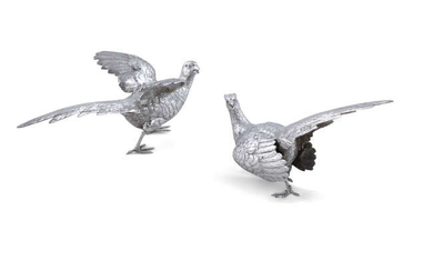A PAIR OF MODERN SILVER MODELS OF PHEASANTS,...