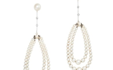 A PAIR OF PEARL AND DIAMOND DROP EARRINGS in white gold, each comprising a pearl stud suspending two