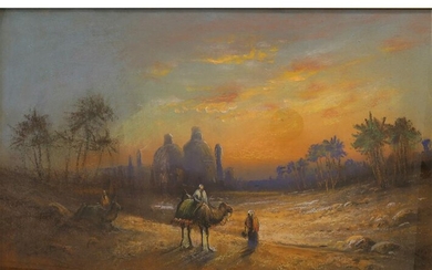 A PASTEL ON PAPER PAINTING CAMEL IN DESERT, 19 C.