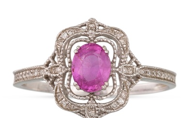 A PINK SAPPHIRE AND DIAMOND CLUSTER RING, shaped plaque form...