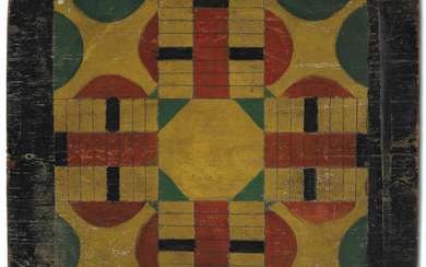 A POLYCHOME PAINT-DECORATED WOOD PARCHEESI GAME BOARD, AMERICAN, 19TH CENTURY