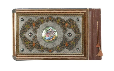 A POLYCHROME-PAINTED, LACQUERED AND ENAMELLED ALBUM COVER WITH KHATAMKARI Possibly Isfahan, Iran, late 19th - 20th century