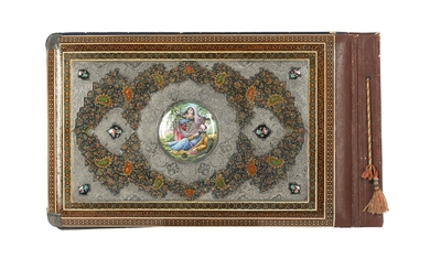 A POLYCHROME-PAINTED, LACQUERED AND ENAMELLED ALBUM COVER WITH KHATAMKARI Possibly Isfahan, Iran, late 19th -...