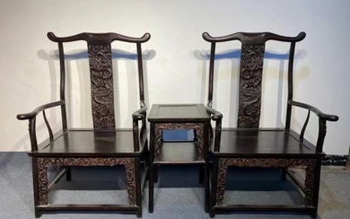 A Pair of Chinese Carved Hardwood Chairs and A Tea Table