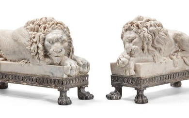 A Pair of Compostion Marble Recumbent Lions After the Model by Antonio Canova, Mounted on Roman Neoclassical Silver Bases with Marks of Natale Alippi, 19th Century