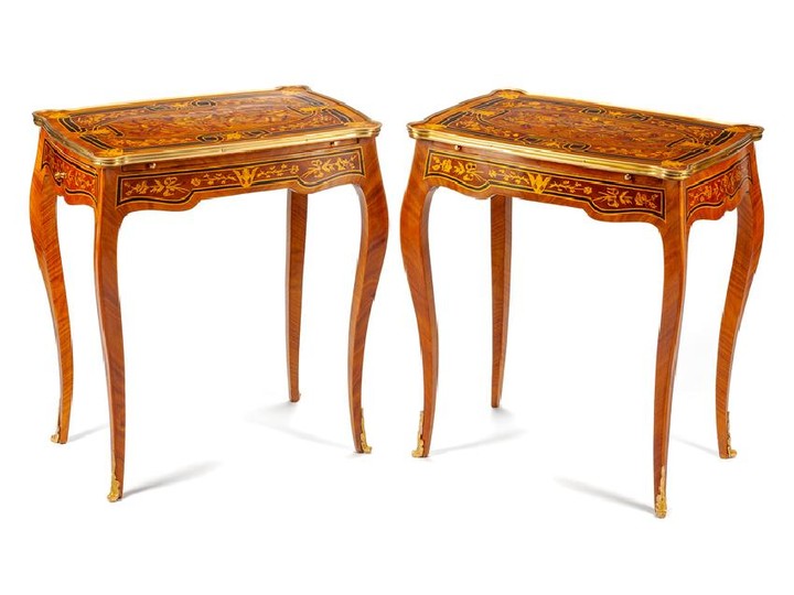 A Pair of Louis XV Style Gilt Bronze Mounted Marquetry Tables