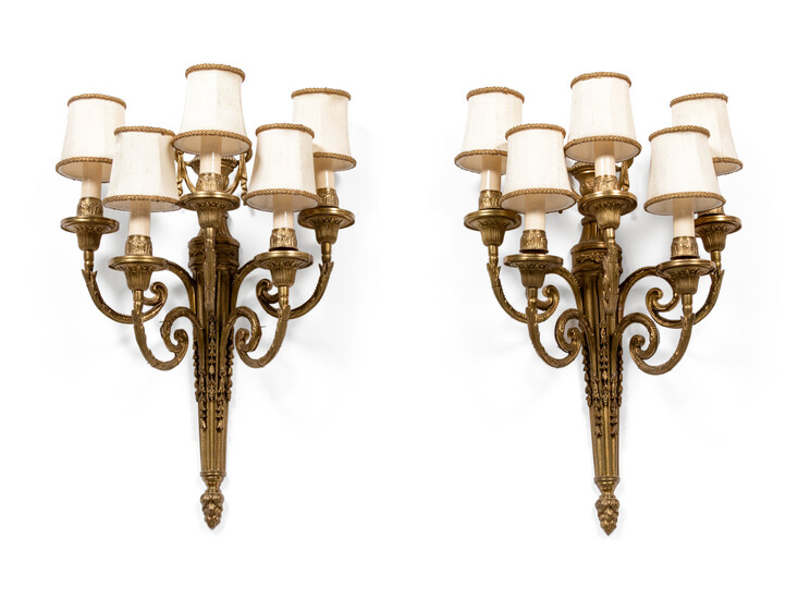A Pair of Louis XVI Style Gilt-Bronze Five-Light Sconces