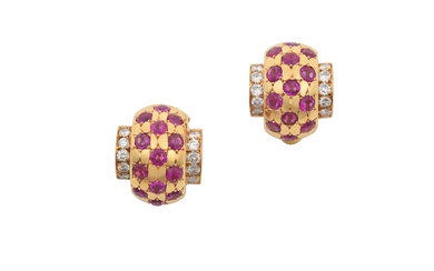 A Pair of Ruby and Diamond Cuff Earrings three rows...