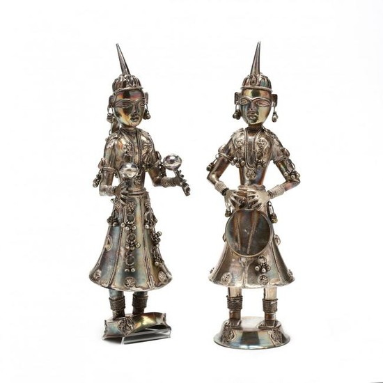A Pair of Silver Tone Indian Figures of Musicians