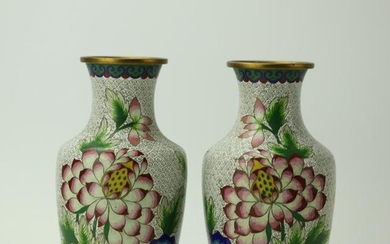A Pair of White Cloisonne Lotus Floral Vases