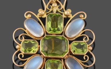 A Peridot and Moonstone Plaque Brooch, five emerald-cut peridots in...