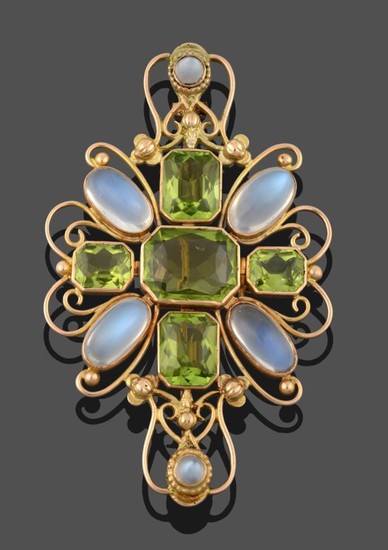 A Peridot and Moonstone Plaque Brooch, five emerald-cut peridots in...