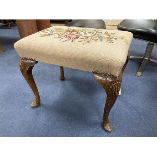 A Queen Anne revival walnut dressing stool, width 57cm depth...