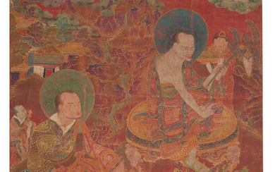 A RARE RED-GROUND PAINTING OF ARHATS TIBET, 18TH CENTURY