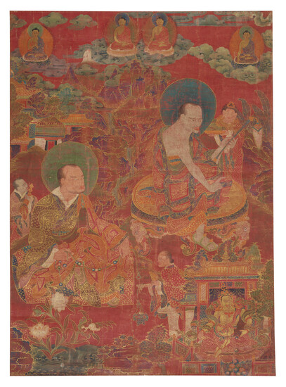 A RARE RED-GROUND PAINTING OF ARHATS TIBET, 18TH CENTURY