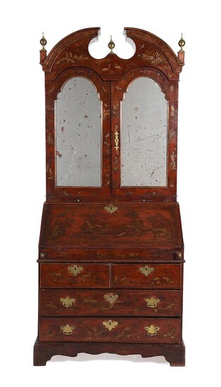 A RED LACQUER AND GILT CHINOISERIE DECORATED BUREAU BOOKCASE, FIRST HALF 18TH CENTURY AND LATER