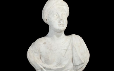 A Roman white marble female bust with a turban