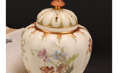 A Royal Worcester lobed ovoid pot pourri vase and cover, pai...