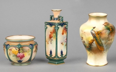 A Royal Worcester vase of baluster form painted with a peacock and signed by A. Watkins, 4 1/4 in. (10.8 cm.) h.