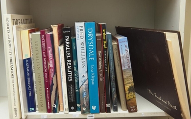 A SHELF OF BOOKS PERTAINING TO AUSTRALIAN ART, INCLUDING DRYSDALE AND FRED WILLIAMS