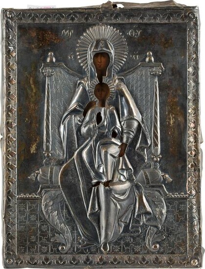 A SMALL ICON SHOWING THE ENTHRONED MOTHER OF GOD WITH A