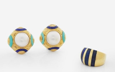 A Set of 18K Yellow Gold and Gemstone Ear Clips and Ring