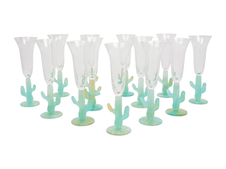 A Set of Thirteen Daum Pâte-de-Verre Cactus Champagne Flutes