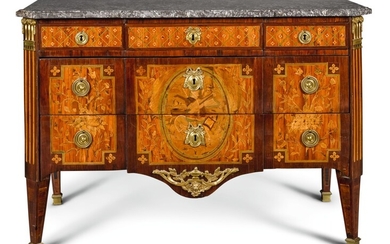 A TRANSITIONAL KINGWOOD, TULIPWOOD AND SYCAMORE MARQUETRY COMMODE, CIRCA 1775