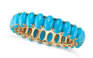 A TURQUOISE ETERNITY RING set all around with a row of oval cabochon turquoise, stamped 18K, size O