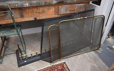 A VICTORIAN CAST IRON AND BRASS FIRE FENDER, MATCHING VICTORIAN THREE FOLD FIRE SCREEN AND 1950S THREE FOLD FIRE SCREEN