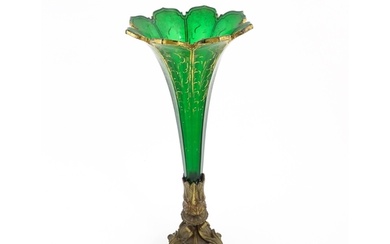 A Victorian epergne, the green glass flute with gilt highlig...