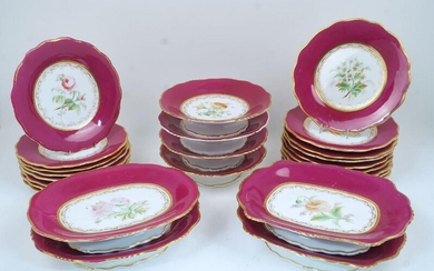 A Victorian porcelain dessert service, 19th century, unmarked, each piece decorated to the well with a floral spray within gilt border, the rim of pink ground, comprising: a twin handled comport (AF), four circular tazza, 22.5cm diameter, four oval...