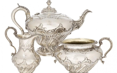A Victorian silver three-piece tea set, London, c.1838, Edward, Edward...
