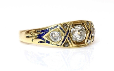 A Victorian three stone graduated diamond and enamel ring, c.1860