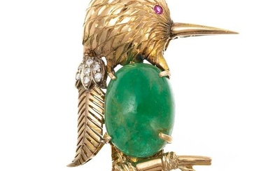 A Whimsical Vintage 14K Beryl Bird Brooch