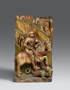 A carved wood relief of Saint George, probabl ..., Der Hl. Georg tötet den Drachen