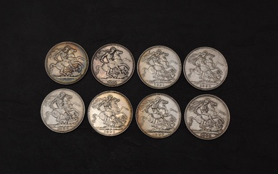 A collection of 8 Queen Victoria Silver Crowns, Jubilee Heads 1887, 1888, 1889, 1891 & 1892, Old