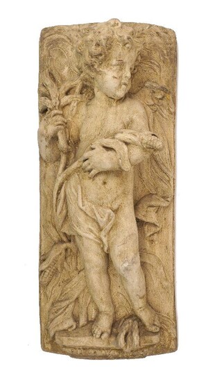 A composition stone relief panel of a standing putto, late 20th century, representing autumn, 70 x 30cm; together with a marble model of a reclining putto, late 19th century, 46cm wide; a pair of modern cast-iron twin-handled urns, 39cm wide; a...