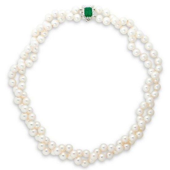 A cultured pearl, emerald and diamond necklace