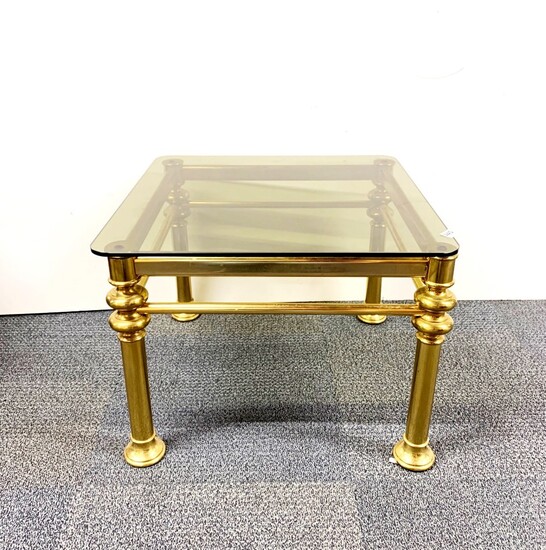 A gilt brass and smoke glass 1970's coffee table, 60 x 60 x 45cm.