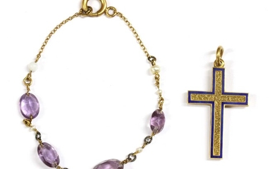 A gold enamel Latin cross pendant