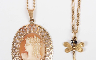 A gold mounted oval shell cameo pendant, carved as a portrait of a lady, unmarked, weight 2.9g, leng