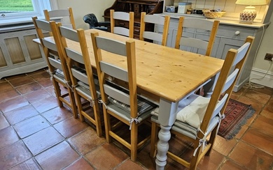 A good Pine kitchen Table and set of eight Chairs with hand ...