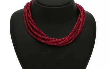 A graduated five strand ruby necklace set with numerous roundel-cut rubies and a magnetic clasp of sterling silver. Diam. app. 3.5–5 mm. L. 45 cm.
