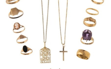 A group of jewellery comprising: 10 various rings, two fine neckchains, a pair of drop earrings, a cross pendant, and pierced panel pendant. (16)