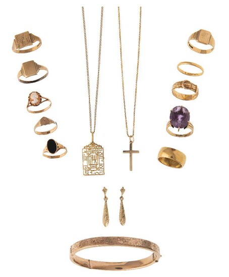 A group of jewellery comprising: 10 various rings, two fine neckchains, a pair of drop earrings, a cross pendant, and pierced panel pendant. (16)