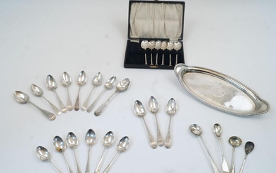 A group of silver, to include: six cased George III silver berry spoons, later decorated, comprising one by William Bell, 1814, two by Stephen Adams, 1800, and three by Thomas Streetin, 1804; a cased set of six teaspoons, Sheffield, 1924, Cooper...