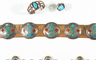 A group of turquoise and silver jewelry, including Native American