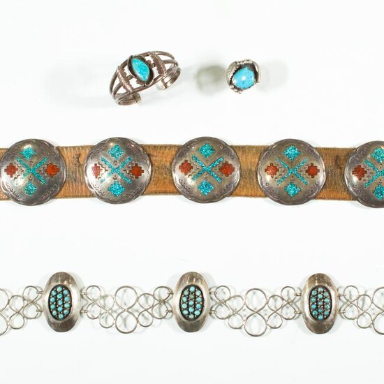 A group of turquoise and silver jewelry, including