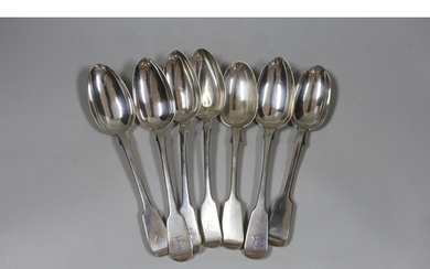 A harlequin set of seven George III and later silver fiddle ...